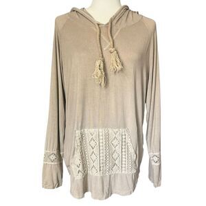 Pol Beige Hooded Top Boho Knit Pocket Lightweight Rayon Stretch Womens Large